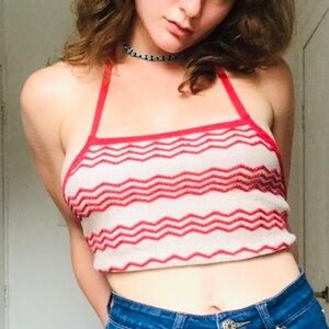 Anthropologie Staring at Stars Red & Cream Halter Crop Top